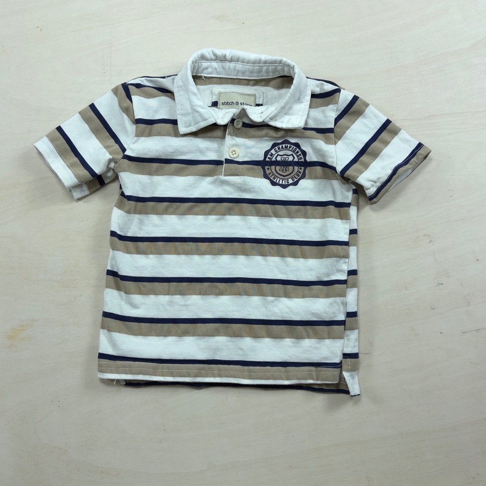 Stitch & Stone Boys Striped Polo Shirt Short Sleeve Athletic Club Crest Size 4